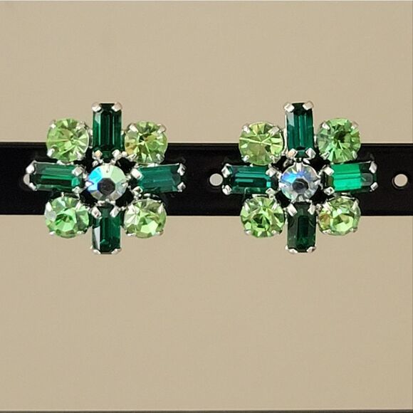 Earrings Silver Tone Green Crystal Clip On Earrings #0086 - Picture 3 of 10